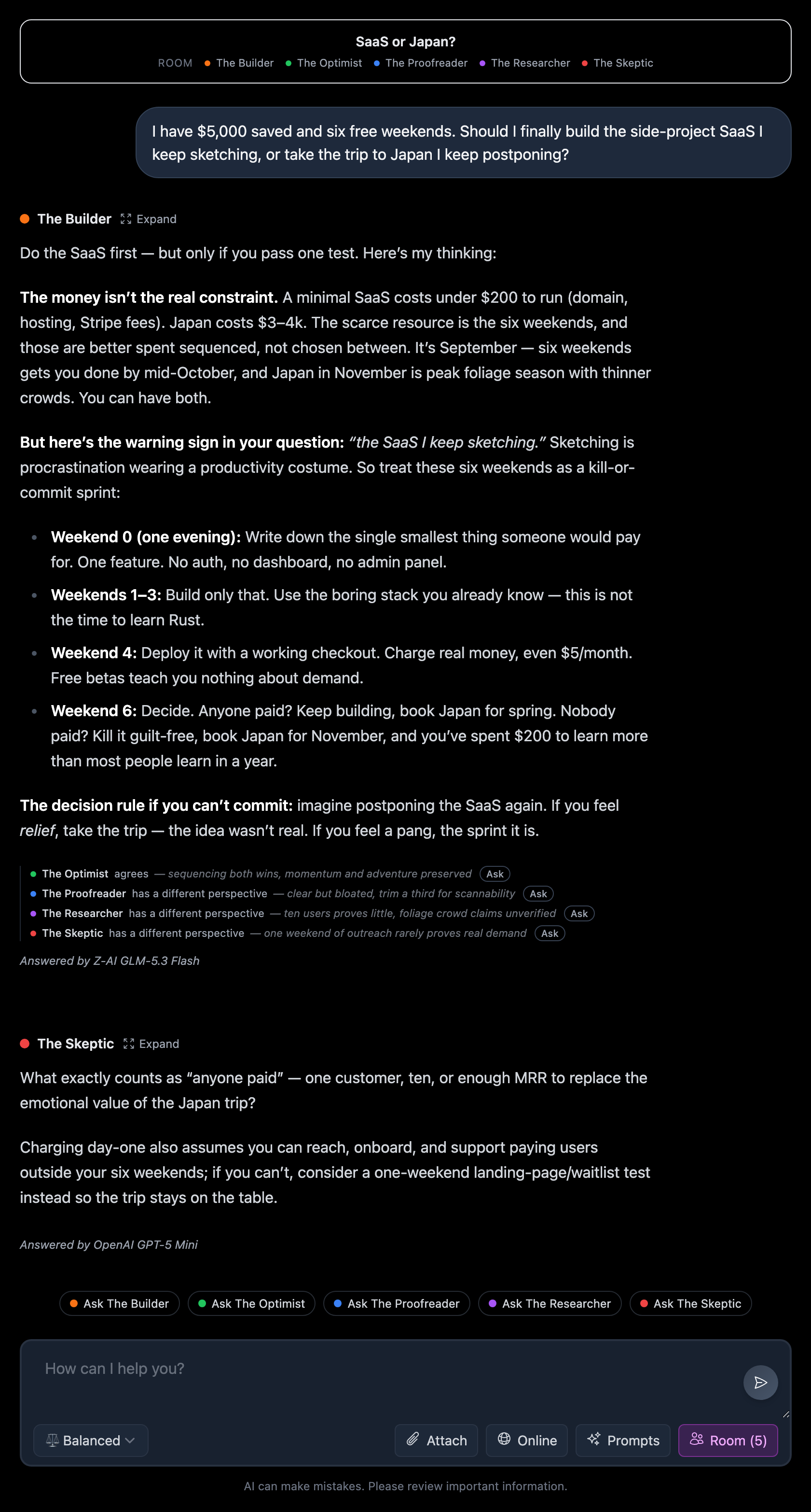 A Chat Room on Chat-O discussing whether to build a side-project SaaS or take a trip to Japan